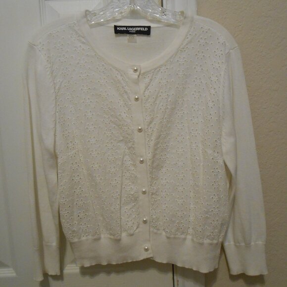 Karl Lagerfeld Eyelet-Paneled White Cardigan OFFERS WELCOME - Picture 1 of 6